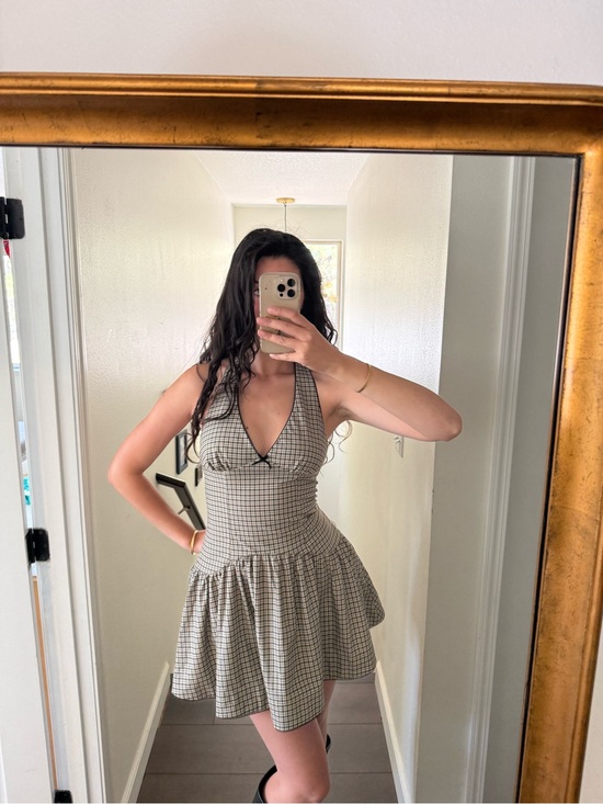 Nia Dresses & Skirts - Backless Halter Plaid Mini Dress in Black and White